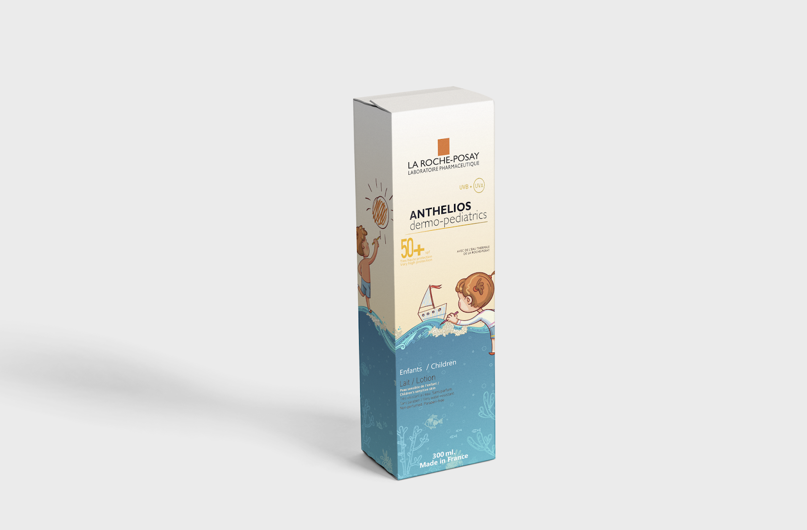 La Roche-Posay兒童防曬霜包裝設(shè)計(jì)，男孩女孩海灘嘻戲的插畫(huà)感覺(jué)