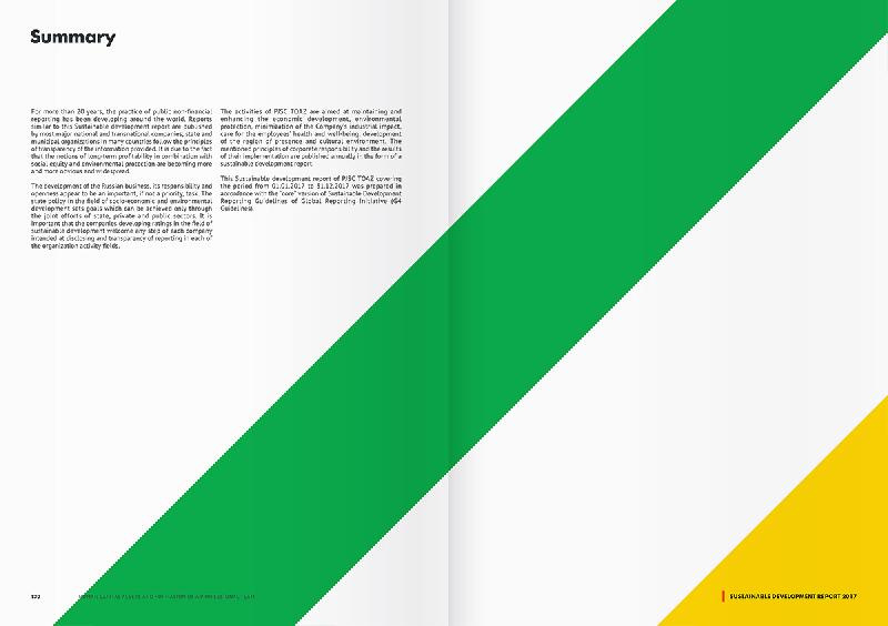 Togliattiazot 2017年企業可持續發展報告宣傳冊設計，斜杠條紋風格