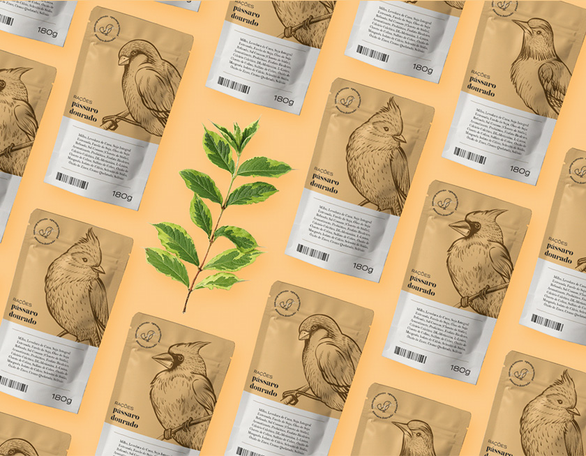Pássaro金鳥飼料口糧包裝設計，手繪小鳥的圖案包裝