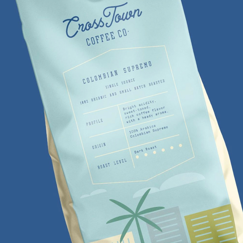 整齊有序布局的包裝-2020年包裝設計趨勢示例：Cross Town Coffee Co.具有結構化布局的包裝