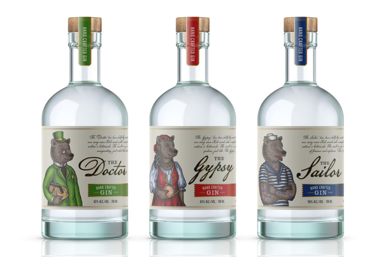 小熊杜松子酒包裝標簽設計，每種酒都有不同的小熊插畫