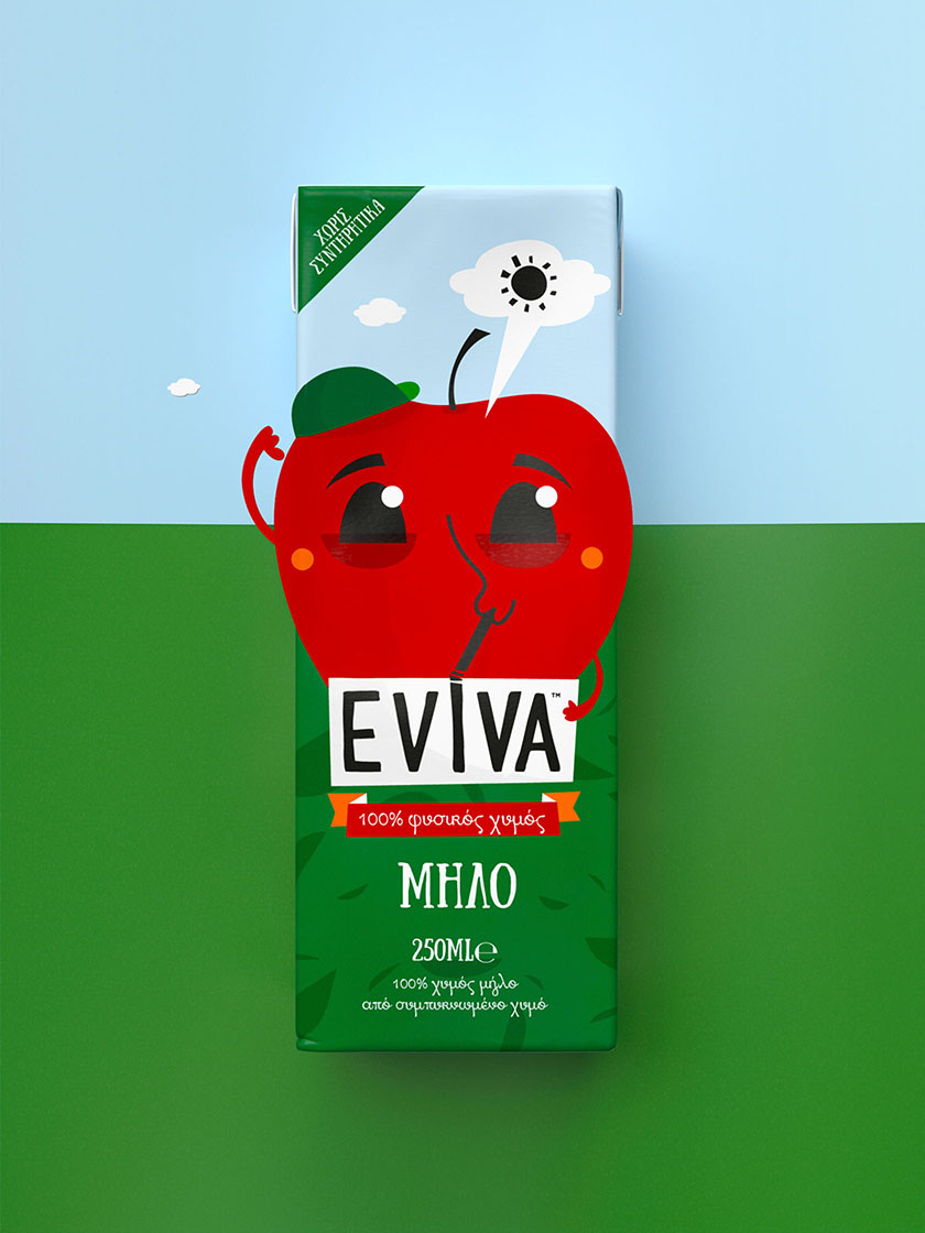Eviva kids兒童果汁飲料包裝設計插畫設計，可愛水果卡通一起狂歡