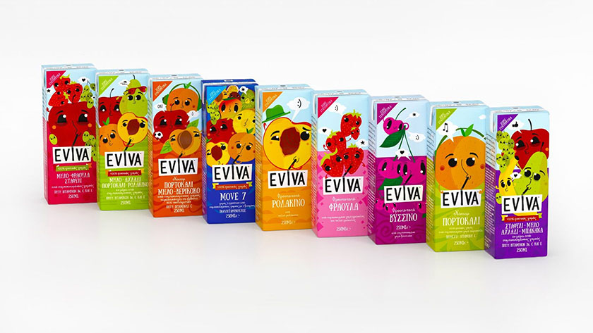 Eviva kids兒童果汁飲料包裝設計插畫設計，可愛水果卡通一起狂歡