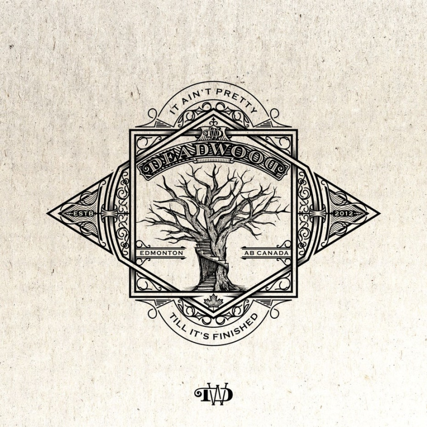 好與老式的品質建筑標志設計-復雜的標志顯示一個雕刻成一棵樹的樓梯與文本“枯木”