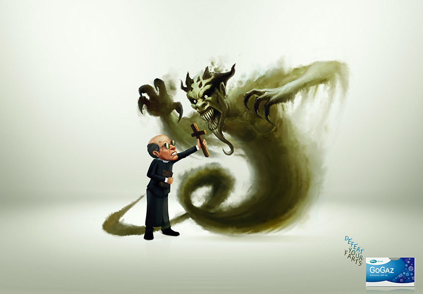 胃藥廣告：Gogaz緩解腸胃脹氣醫藥平面廣告設計，打敗脹氣惡魔