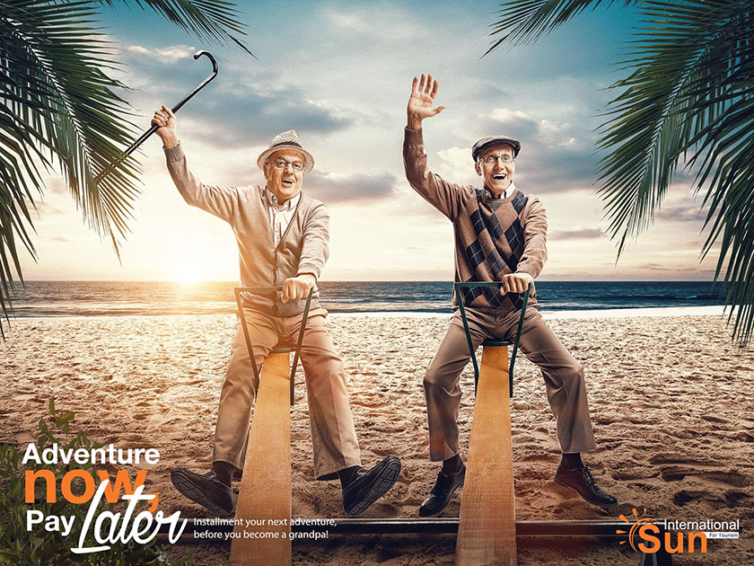 Sun International 旅游海報平面廣告設計，度過不一樣的祖父時光-沙灘玩蹺蹺板篇