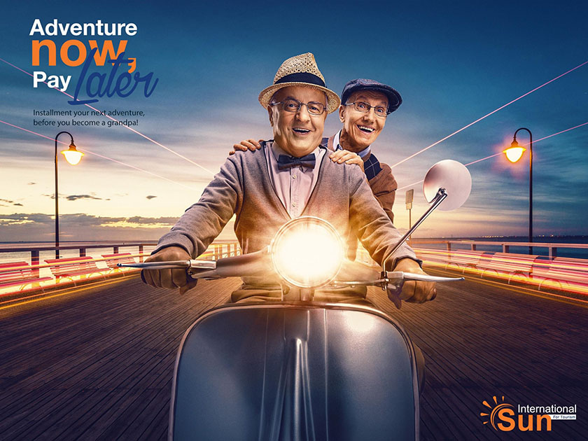 Sun International 旅游海報平面廣告設計，度過不一樣的祖父時光-騎摩托車篇