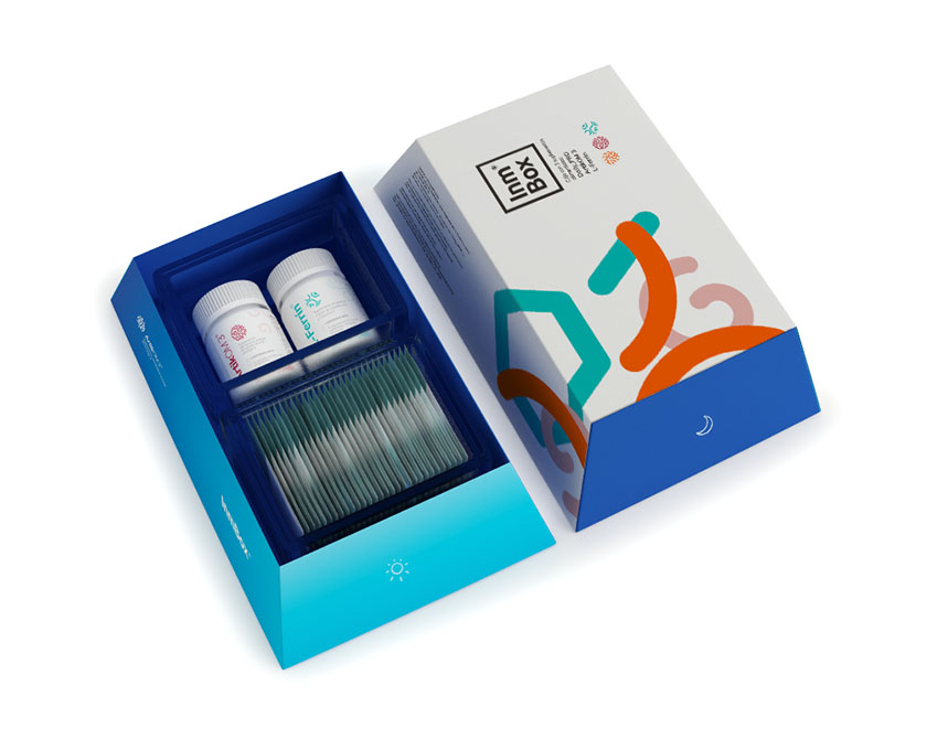 Inmbox免疫補充劑藥品包裝設計，白天和黑夜兩用