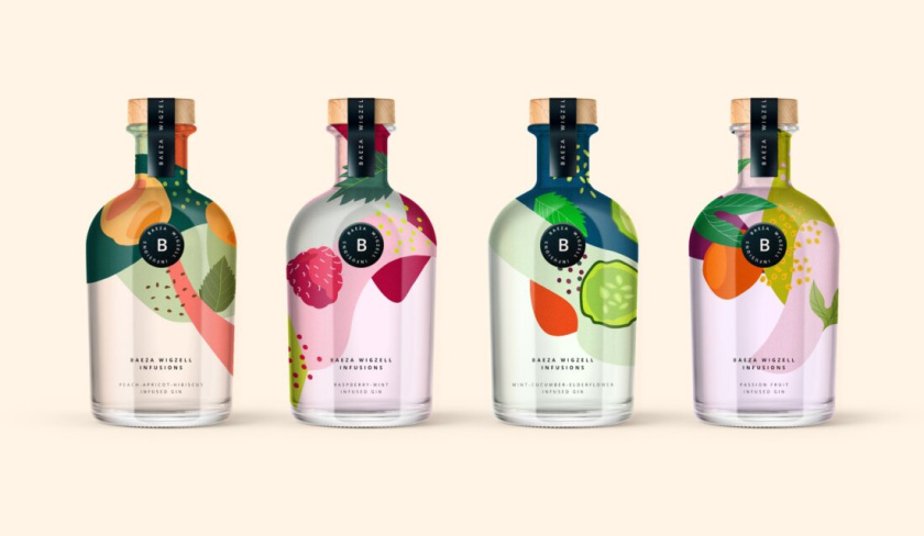 創新的風味杜松子酒包裝設計，充滿活力的彩墨風格