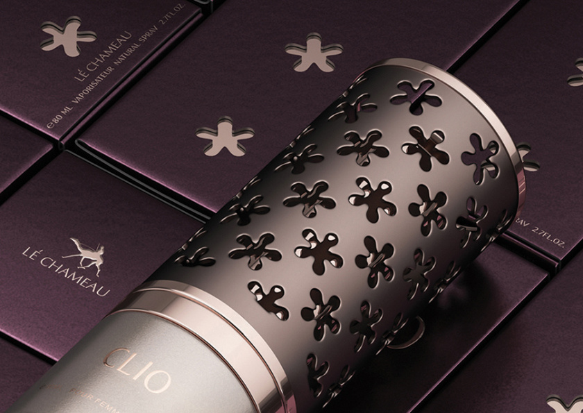 Clio香水包裝設計與阿拉伯花形格子香水瓶形設計