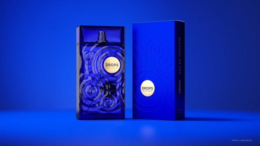 夢幻的DROPS香水包裝設計和水波蕩漾的藍色香水瓶形設計