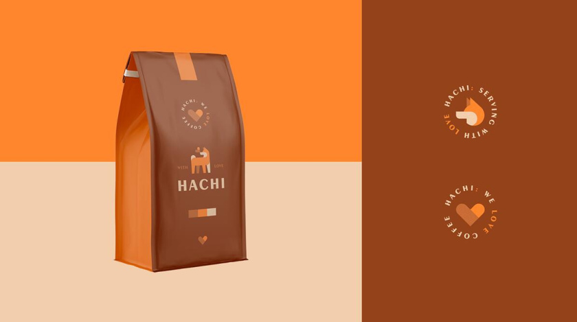 Hachi 咖啡店logo設計”矢量狗狗圖形“與咖啡包裝設計”完美的配色“