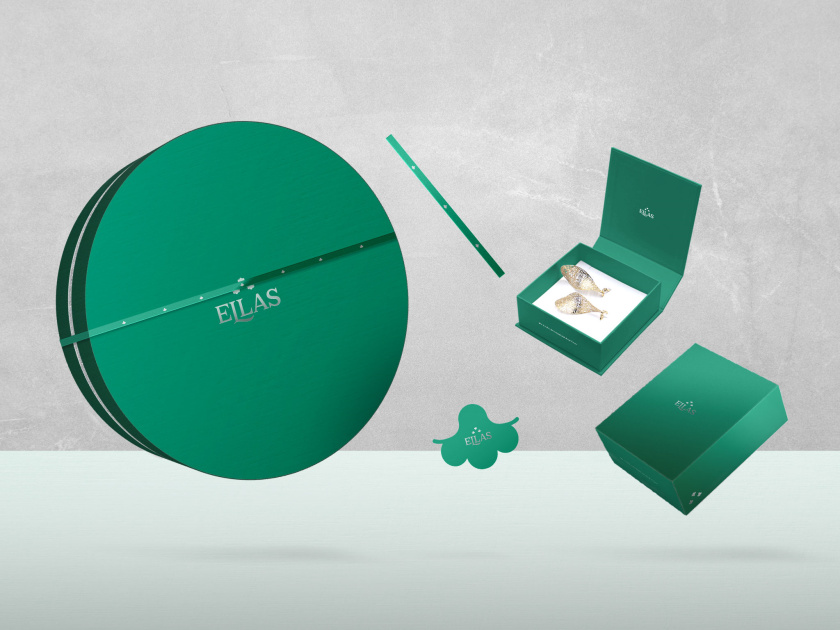 ELLAS珠寶品牌logo設(shè)計與品牌vi形象設(shè)計，三個花朵徽章