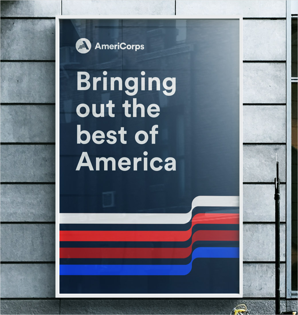 AmeriCorps 美國國家社區服務公司品牌logo設計與vi設計，字母A+美國國旗