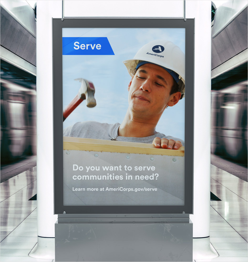 AmeriCorps 美國國家社區服務公司品牌logo設計與vi設計，字母A+美國國旗