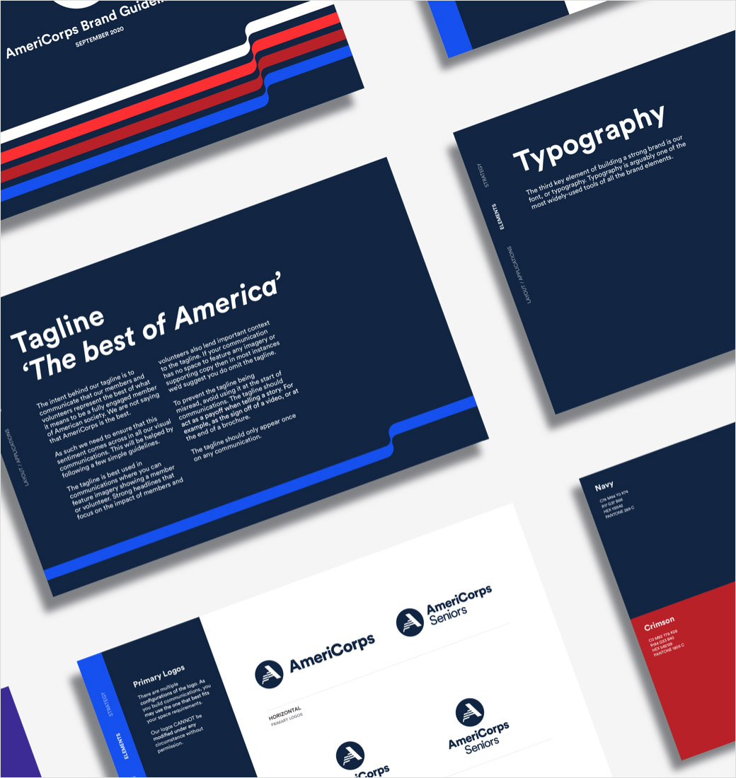 AmeriCorps 美國國家社區服務公司品牌logo設計與vi設計，字母A+美國國旗