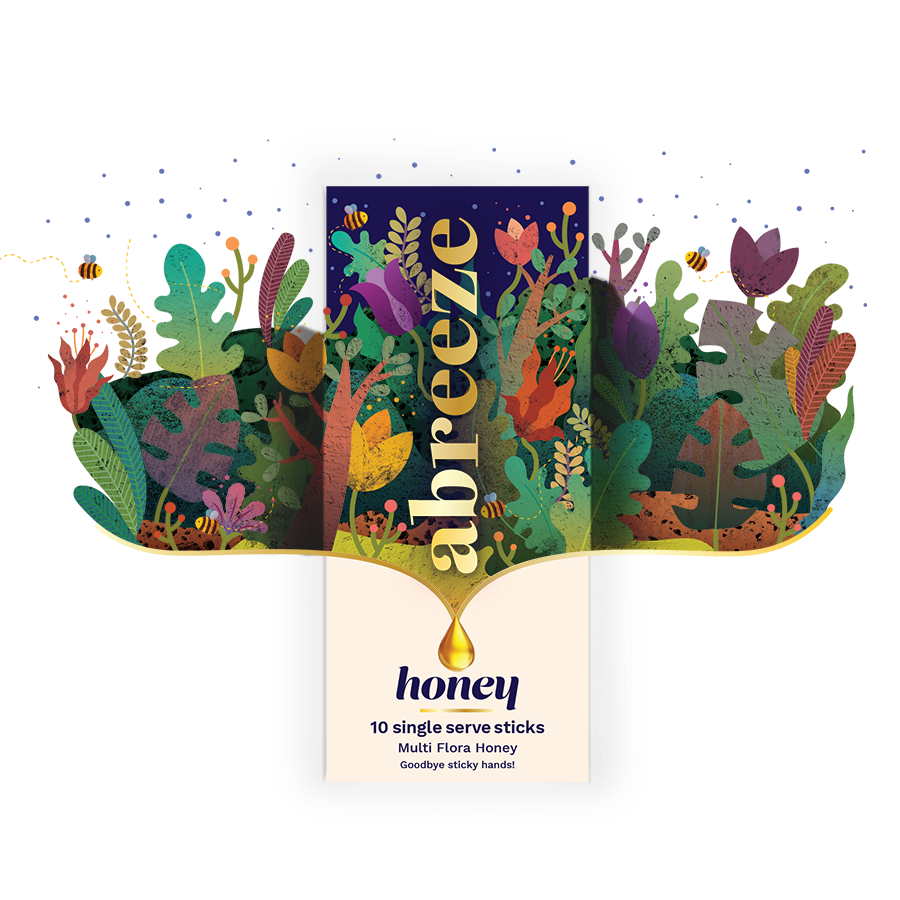 Abreeze 多花蜂蜜包裝設計，展現蜜蜂采集花蜜過程插畫