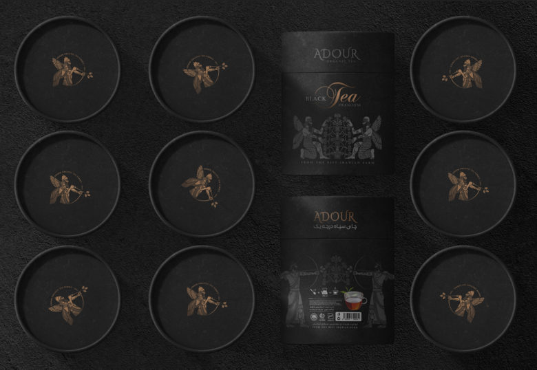 黑色風格Adour伊朗紅茶包裝設計，波斯第一帝國士兵插畫設計