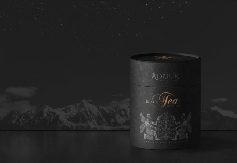 黑色風格Adour伊朗紅茶包裝設計，波斯第一帝國士兵插畫設計