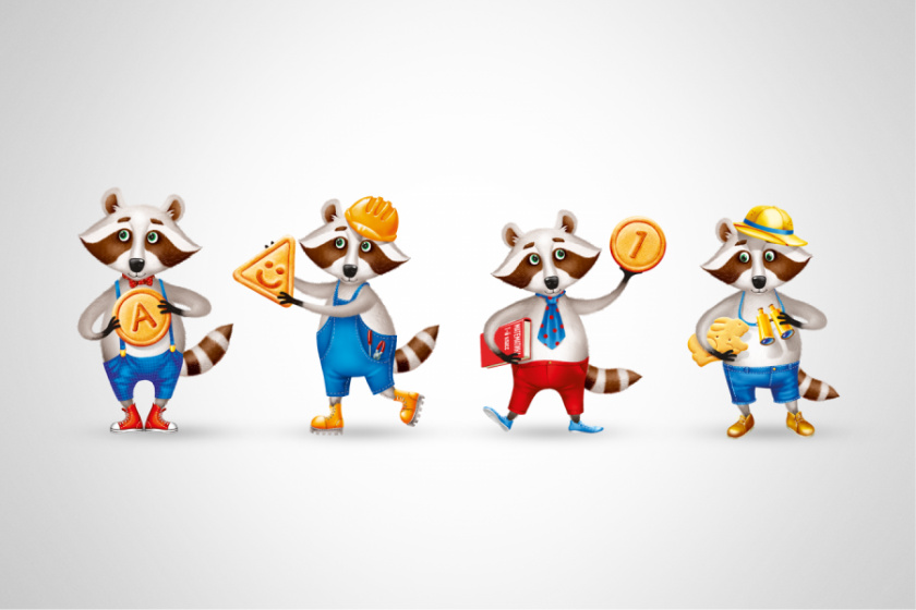 Znayka兒童食品品牌包裝設計，歡快的浣熊Yasha吉祥物設計