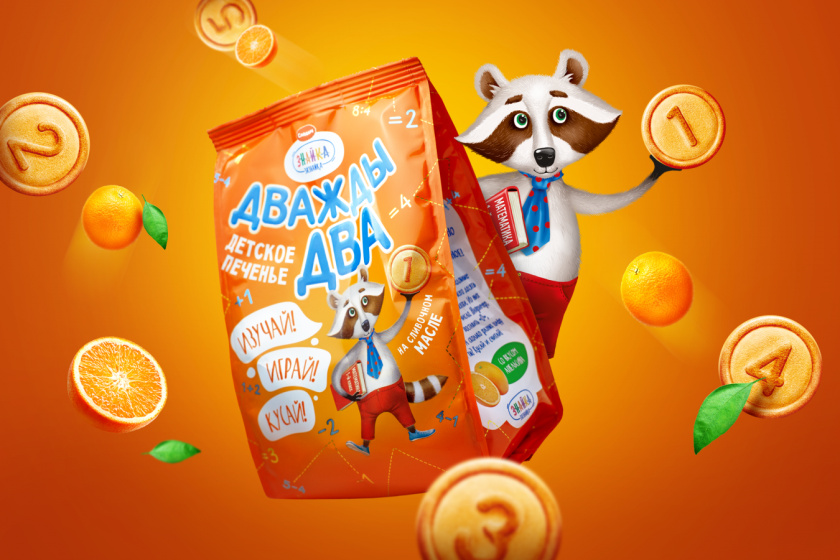 Znayka兒童食品品牌包裝設計，歡快的浣熊Yasha吉祥物設計