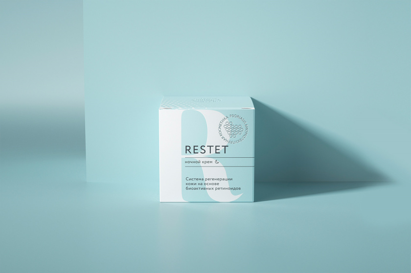 Restet醫美化妝品包裝設計，字母R+動態圓點元素