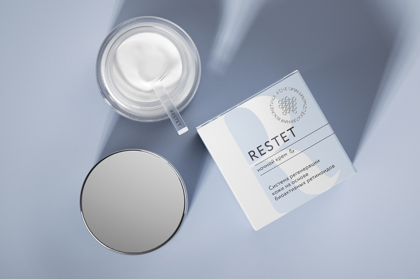 Restet醫美化妝品包裝設計，字母R+動態圓點元素