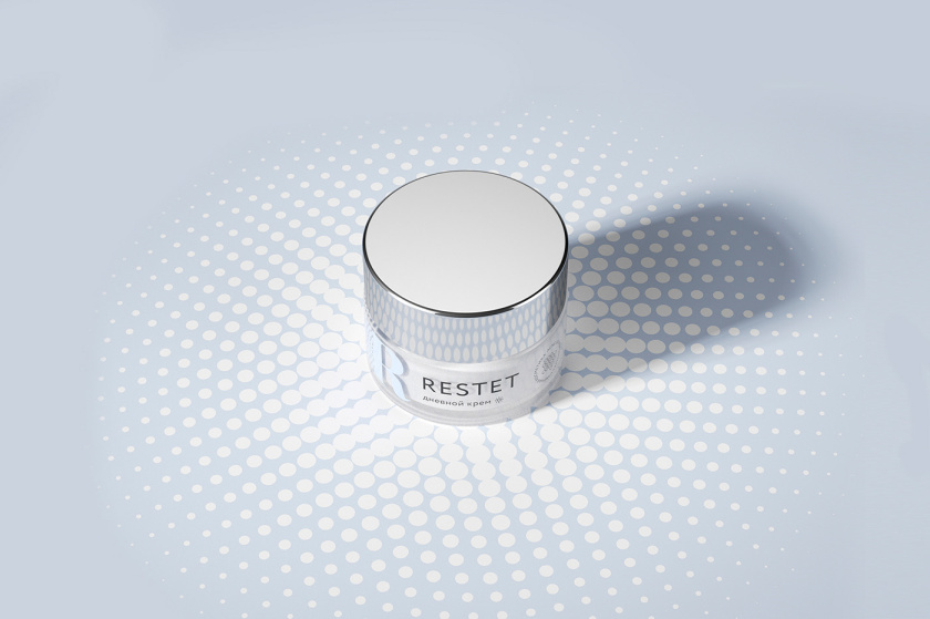 Restet醫美化妝品包裝設計，字母R+動態圓點元素