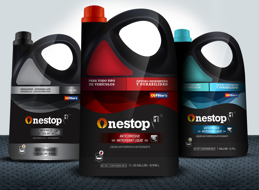 OneStop 汽車潤滑油包裝設計，動態漸變色塊風格