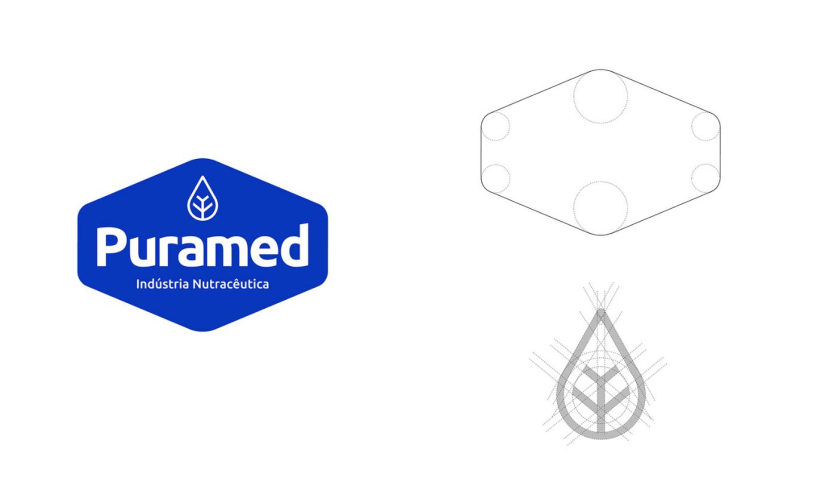 Puramed食品營養補充劑制造企業公司logo設計vi設計，相互嵌套六邊形輔助圖形設計