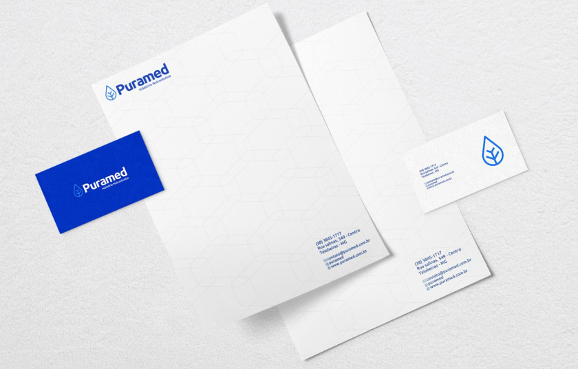 Puramed食品營養補充劑制造企業公司logo設計vi設計，相互嵌套六邊形輔助圖形設計