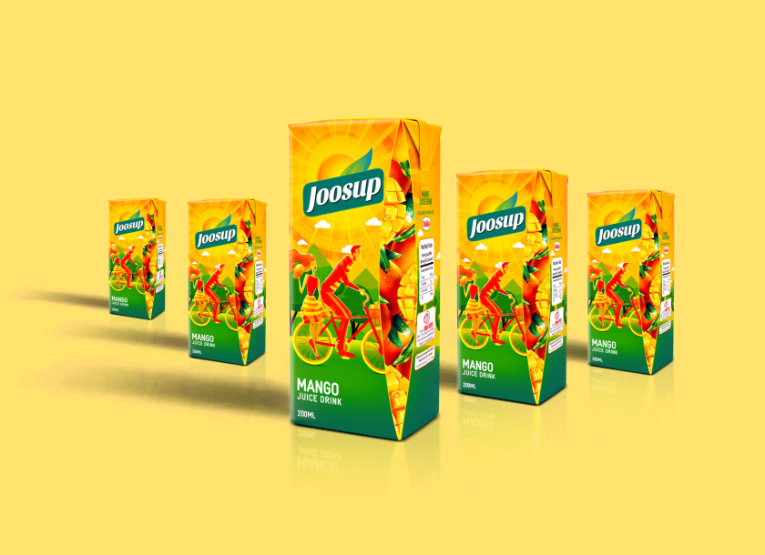 Joosup 果汁飲料利樂薄葉包裝設計，嬉戲的夫妻插畫設計