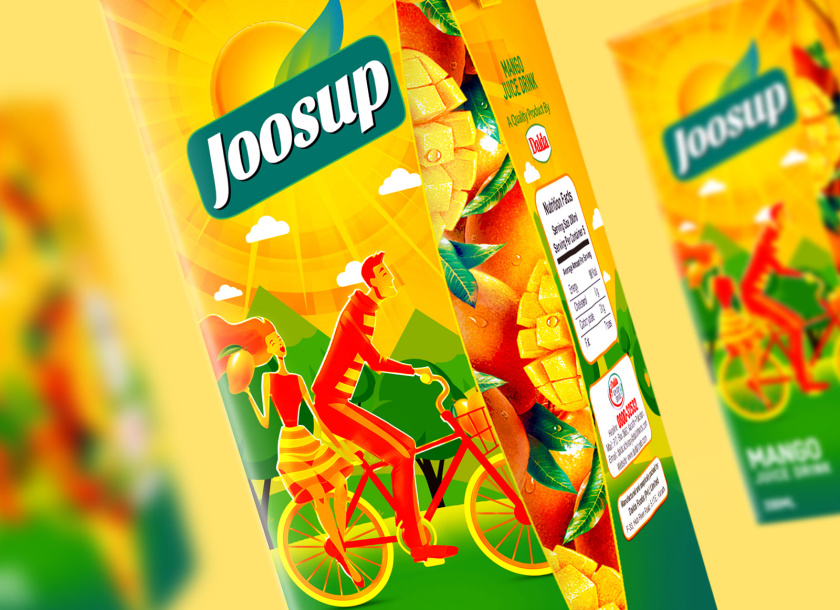Joosup 果汁飲料利樂薄葉包裝設計，嬉戲的夫妻插畫設計