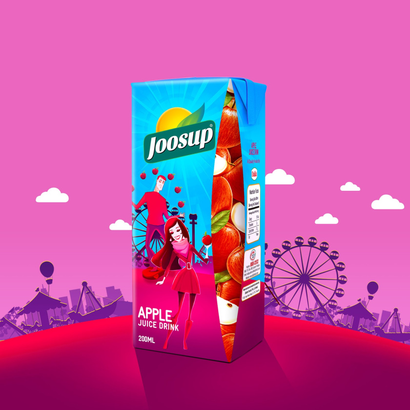 Joosup 果汁飲料利樂薄葉包裝設計，嬉戲的夫妻插畫設計