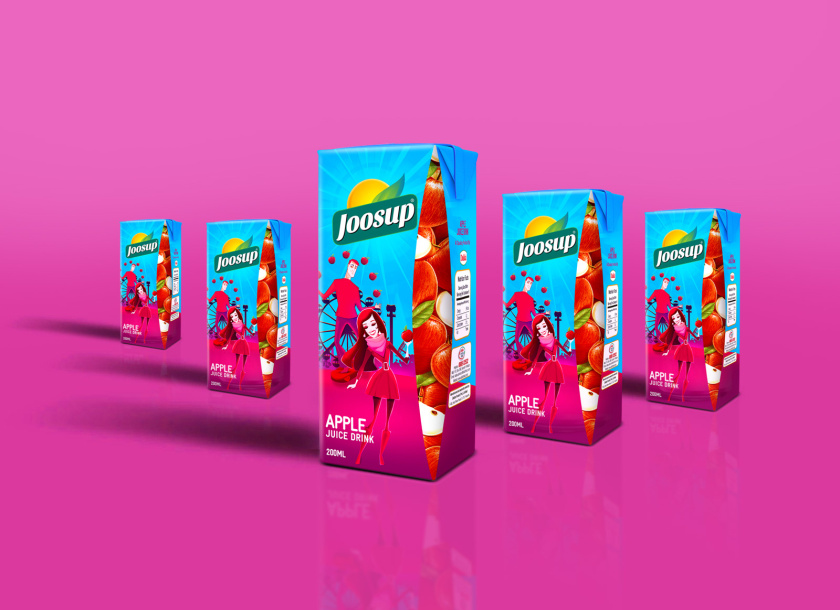 Joosup 果汁飲料利樂薄葉包裝設計，嬉戲的夫妻插畫設計