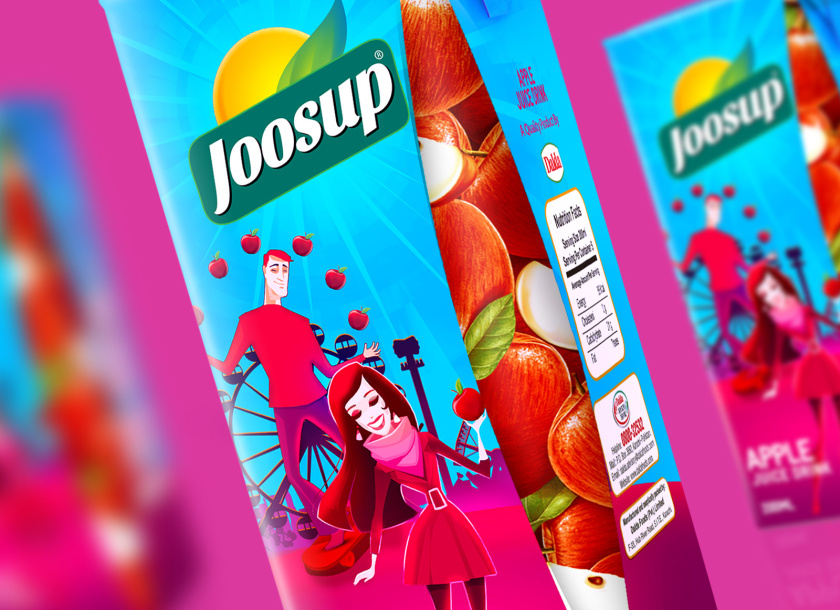 Joosup 果汁飲料利樂薄葉包裝設計，嬉戲的夫妻插畫設計