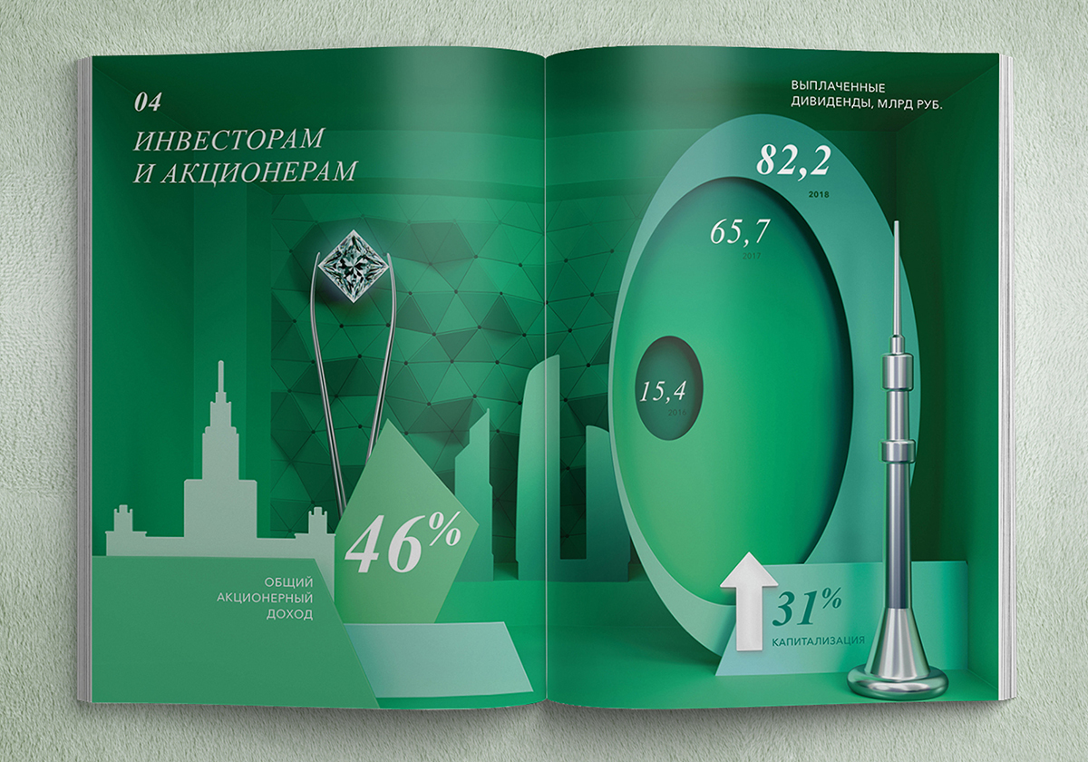 ALROSA珠寶年度報告畫冊設計，由珠寶模擬構建的建筑畫面