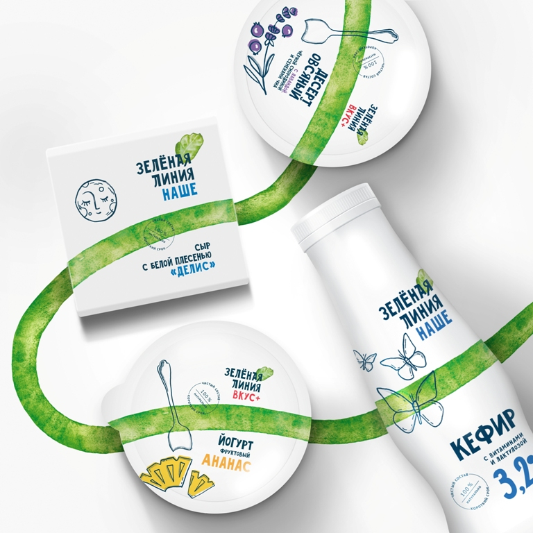 綠線健康食品乳制品鮮肉產品品牌包裝設計，手繪綠線超級視覺符號