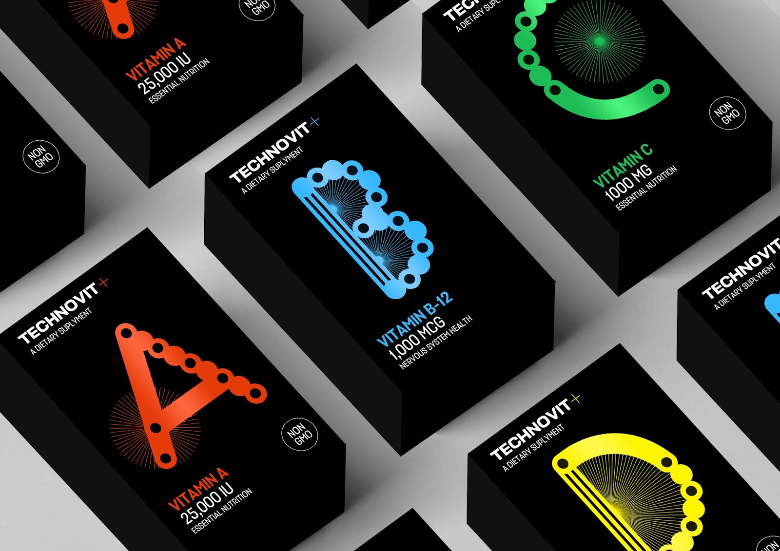 TECHNDVIT維生素包裝設(shè)計(jì)“字母風(fēng)格”，源自電子音樂的的明亮全息圖像和配色