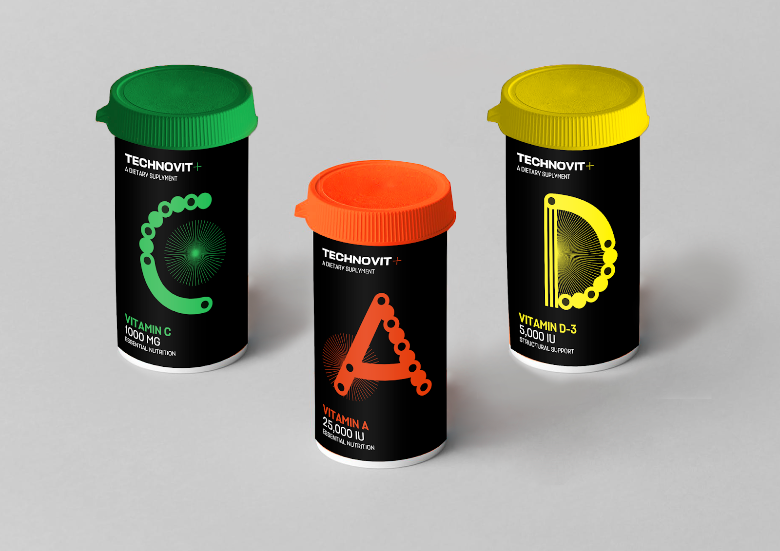 TECHNDVIT維生素包裝設(shè)計(jì)“字母風(fēng)格”，源自電子音樂的的明亮全息圖像和配色