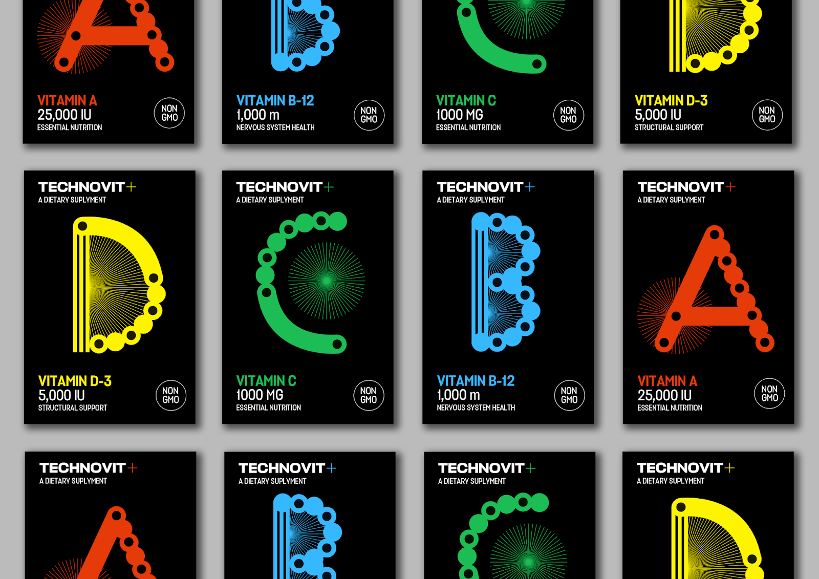 TECHNDVIT維生素包裝設(shè)計(jì)“字母風(fēng)格”，源自電子音樂的的明亮全息圖像和配色