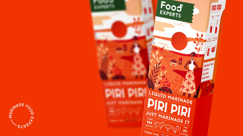 液體腌料調味品食品包裝設計，色彩鮮艷的女孩戶外燒烤插畫設計