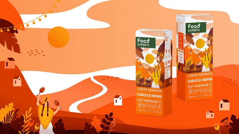 液體腌料調味品食品包裝設計，色彩鮮艷的女孩戶外燒烤插畫設計