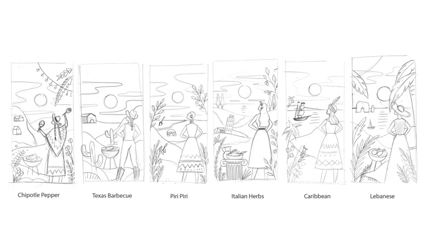 液體腌料調味品食品包裝設計，色彩鮮艷的女孩戶外燒烤插畫設計