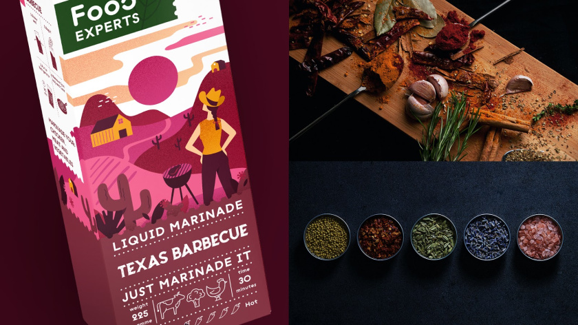 液體腌料調味品食品包裝設計，色彩鮮艷的女孩戶外燒烤插畫設計