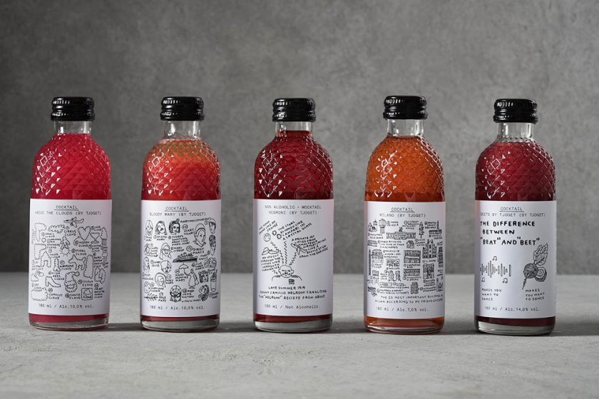 云之上雞尾酒凹凸瓶型設計與完全手繪風格的包裝標簽設計