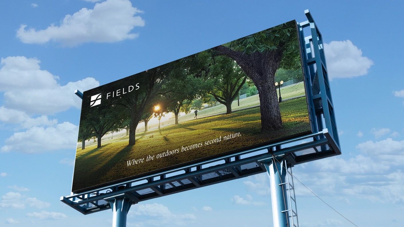 Fields菲爾茲莊園社區住宅地產logo設計，彎曲“F”表示河流和干道的交叉