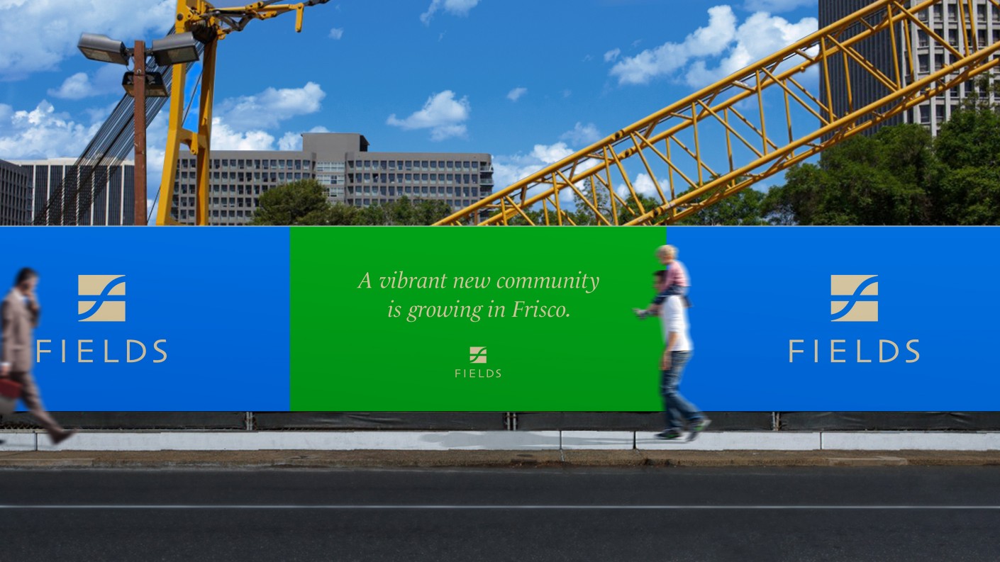 Fields菲爾茲莊園社區住宅地產logo設計，彎曲“F”表示河流和干道的交叉