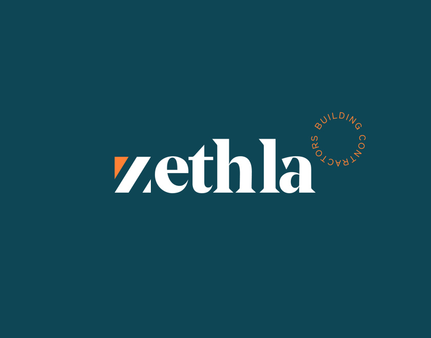 Zethla 建筑公司logo設計vi設計，正方形被斜切出字母Z+藍橙工業配色