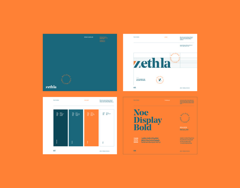 Zethla 建筑公司logo設(shè)計vi設(shè)計，正方形被斜切出字母Z+藍橙工業(yè)配色